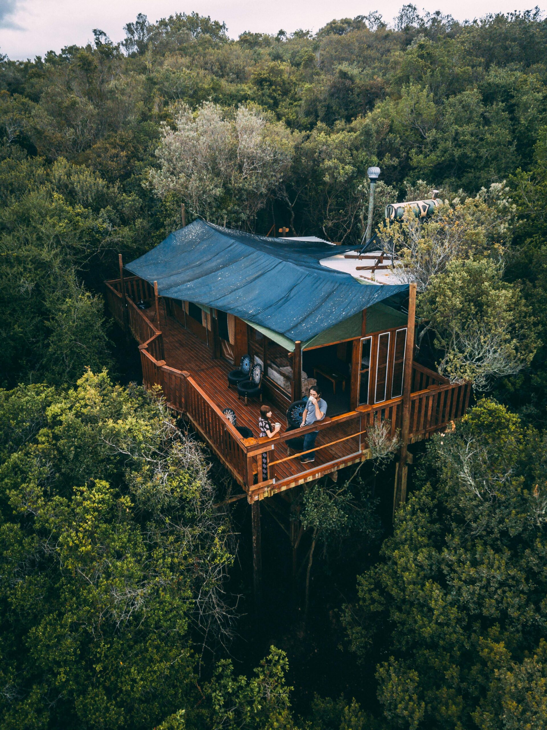 Aerial view of a rustic treehouse cabin surrounded by lush forest in South Cape DC, South Africa.
